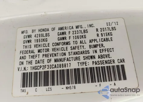 2012 Honda Accord 2.4 Lx z USA, uszkodzony, nr VIN 1HGCP2F30CA089817